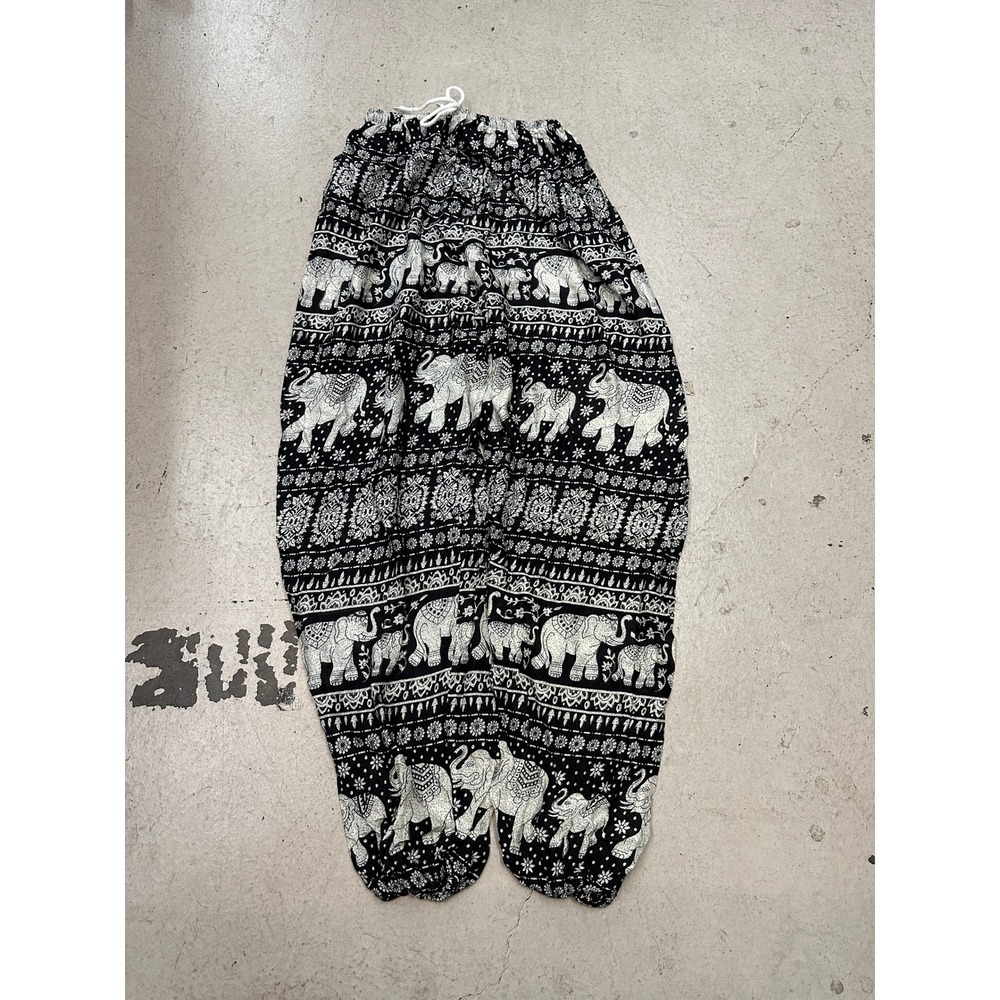 Boho Elephant Print Harem Pants Black White Elastic Waist Joggers Yoga Festival